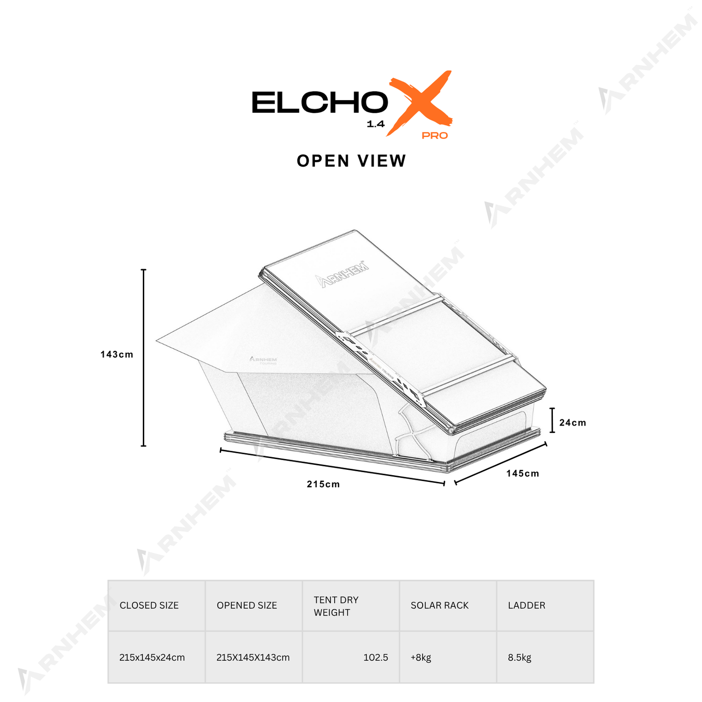Elcho X Pro Roof Top Tent open view with dimensions and features on a white background