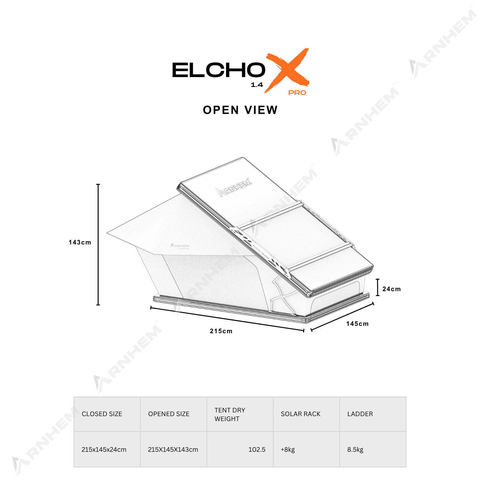 Elcho X Pro Roof Top Tent open view with dimensions and features on a white background